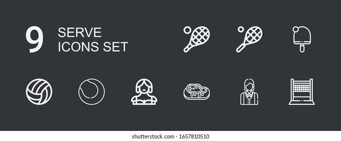 Editable 9 serve icons for web and mobile. Set of serve included icons line Volleyball, Waitress, Steak, Tennis, Table tennis on dark background