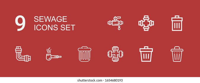 Editable 9 iconos de aguas residuales para web y móvil. Conjunto de aguas residuales incluidos iconos línea Trash, Pipe en fondo rojo