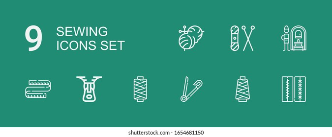 Editable 9 sewing icons for web and mobile. Set of sewing included icons line Stitches, Thread, Safety pin, Zipper, Measuring tape, Russian banya, Knit, Knitting on green background