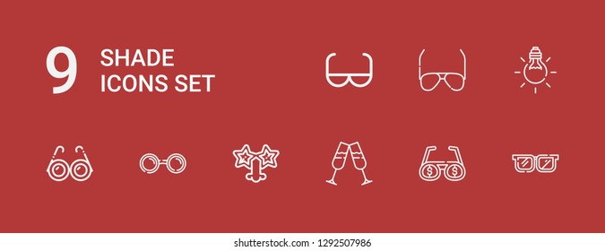 Editable 9 shade icons for web and mobile. Set of shade included icons line Glasses, Sunglasses, Tungsten, Sun glasses on red background