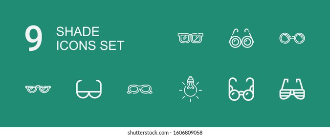 Editable 9 shade icons for web and mobile. Set of shade included icons line Sunglasses, Glasses, Tungsten, Sun glasses on green background