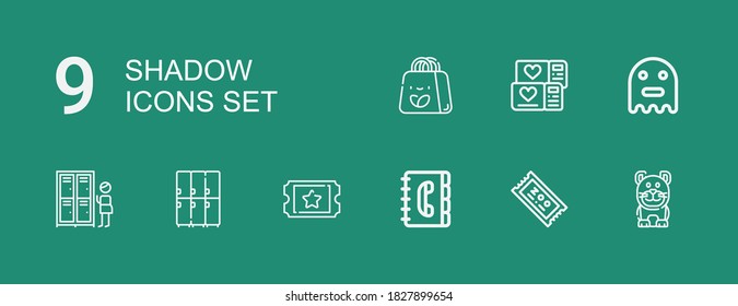 Editable 9 shadow icons for web and mobile. Set of shadow included icons line Cat, Ticket, Contact book, Lockers, Ghost, Shopping bag on green background