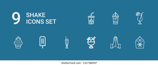 Editable 9 shake icons for web and mobile. Set of shake included icons line Ice cream, Hands, Milkshake, Cocktail, Ice coffee on blue background