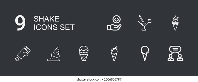 Editable 9 shake icons for web and mobile. Set of shake included icons line Agreement, Ice cream, Hand, Martini on dark background