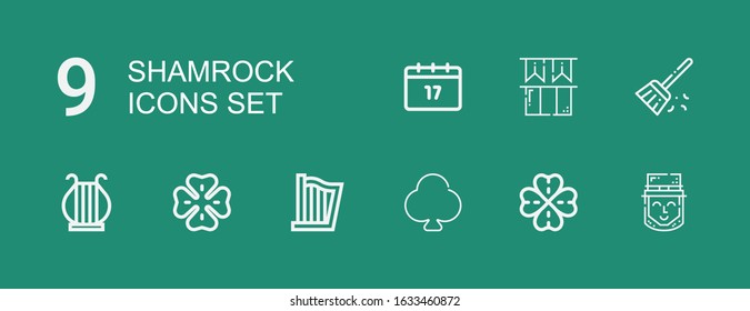 Editable 9 shamrock icons for web and mobile. Set of shamrock included icons line Leprechaun, Clover, Harp, Sweep, Ireland, Saint Patrick on green background