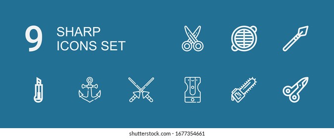 Editable 9 sharp icons for web and mobile. Set of sharp included icons line Scissors, Saw, Sharpener, Spears, Anchor, Cutter, Spear, Grate on blue background
