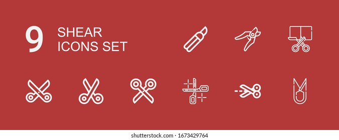Iconos editables 9 shear para web y móvil. Conjunto de iconos incluidos los iconos línea Tijeras, Cortar, Sombras sobre fondo rojo
