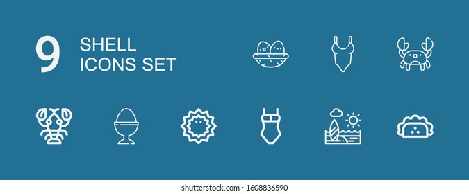 Editable 9 shell icons for web and mobile. Set of shell included icons line Taco, Beach, Swimsuit, Sea urchin, Boiled egg, Lobster, Crab, Nest on blue background