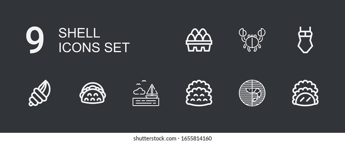 Editable 9 shell icons for web and mobile. Set of shell included icons line Taco, Prawn, Tacos, Sea, Seashell, Swimsuit, Crab, Eggs on dark background