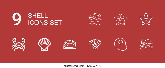 Editable 9 shell icons for web and mobile. Set of shell included icons line Beach, Egg, Oyster, Taco, Shell, Crab, Starfish, Sea on red background