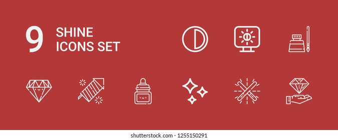 Editable 9 shine icons for web and mobile. Set of shine included icons line Diamond, Glow, Shines, Ink, Fireworks, Brightness on red background