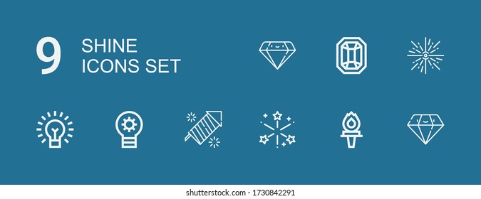 Editierbare 9 glänzende Icons für Web und Mobile. Set mit glänzenden Icons Zeile Diamond, Torch, Feuerwerk, Glühbirne, Feuerwerk, Spiel auf blauem Hintergrund