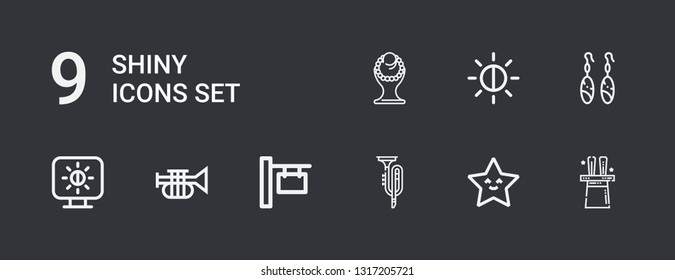 Editable 9 shiny icons for web and mobile. Set of shiny included icons line Magic, Star, Trumpet, Sign, Brightness, Earrings, Necklace on dark background