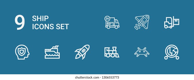Editable 9 ship icons for web and mobile. Set of ship included icons line Vehicle, Invader, Train, Rocket launch, Yatch, Insurance, Delivery, Rocket on blue background