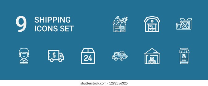 Editable 9 shipping icons for web and mobile. Set of shipping included icons line Shopping online, Storehouse, Pick up, Box, Truck, Courier, Package, Warehouse on blue background