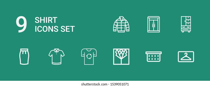 Editable 9 shirt icons for web and mobile. Set of shirt included icons line Hanger, Laundry basket, Suit, Shirt, Polo Skirt, Wardrobe, Jacket on green background