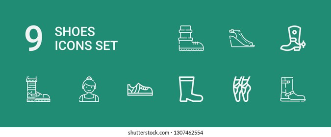 Editable 9 shoes icons for web and mobile. Set of shoes included icons line Boot, Ballet, Boots, Sneakers, Ballerina, Shoe, Sandals on green background