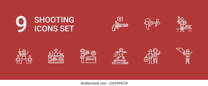 Editable 9 shooting icons for web and mobile. Set of shooting included icons line Paintball, Sport, Water gun, Pistol on red background