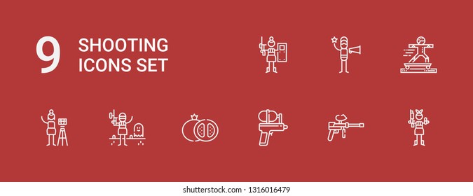Editable 9 shooting icons for web and mobile. Set of shooting included icons line Paintball, Water gun, Grenade, Photographer, Sport, Film director on red background