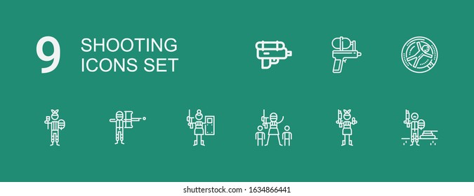 Editable 9 shooting icons for web and mobile. Set of shooting included icons line Paintball, Zorbing, Water gun on green background