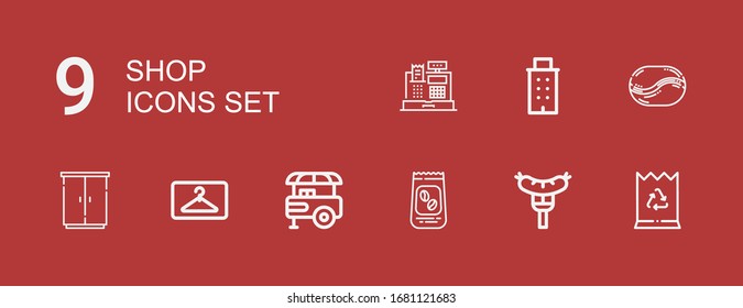 Editable 9 shop icons for web and mobile. Set of shop included icons line Paper bag, Sausage, Coffee beans, Food stand, Hanger, Wardrobe, Coffee bean, Building on red background