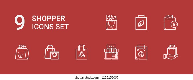 Editable 9 shopper icons for web and mobile. Set of shopper included icons line Shopping bag, Mall, Gift bag on red background