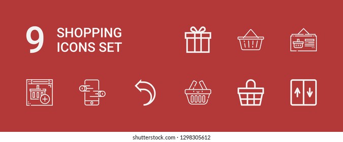 Editable 9 shopping icons for web and mobile. Set of shopping included icons line Elevator, Basket, Return, Online store, Online shop, Gift on red background