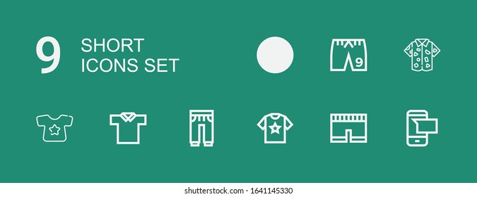 Editable 9 short icons for web and mobile. Set of short included icons line Sms, Short, Shirt, Sweatpants, Polo shirt, Shorts on green background