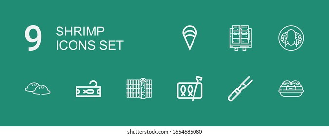 Editable 9 shrimp icons for web and mobile. Set of shrimp included icons line Takoyaki, Meat, Sardines, Sushi, Tuna, Dumpling, Peking duck, Tofu, Clam on green background