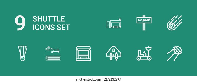 Editable 9 shuttle icons for web and mobile. Set of shuttle included icons line Sputnik, Moon rover, Spaceship, Bus stop, Science fiction, Badminton, Meteorite on green background