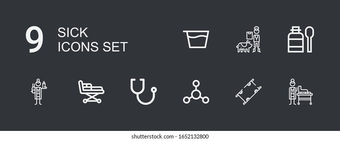 Editable 9 sick icons for web and mobile. Set of sick included icons line Veterinarian, Stretcher, Bacterias, Stethoscope, Syrup on dark background