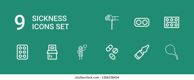 Editable 9 sickness icons for web and mobile. Set of sickness included icons line Enema, Vials, Drugs, Cardiologist, Pills, Drug, Handkerchief on green background
