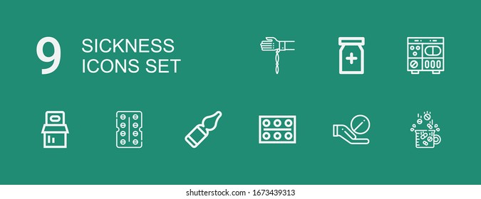 Editable 9 sickness icons for web and mobile. Set of sickness included icons line Drugs, Pill, Pills, Vials, Antibiotic, Painkiller, Handkerchief on green background