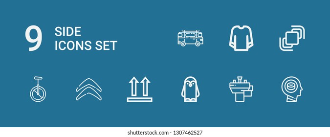 Editable 9 side icons for web and mobile. Set of side included icons line Head, Basin, Penguin, Side up, Citroen, Monocycle, Hidrive, Sweatshirt, Minibus on blue background