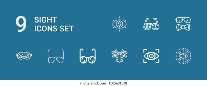 Editable 9 sight icons for web and mobile. Set of sight included icons line Eye, Vision, Glasses, Sunglasses on blue background