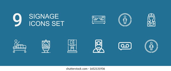 Editable 9 signage icons for web and mobile. Set of signage included icons line Restroom, Recording, Doctor, Coffee machine, Wc, Gurney on blue background