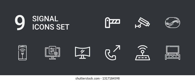 Editable 9 signal icons for web and mobile. Set of signal included icons line Television, Wifi, Phone call, Tv, Coffee bean, Cctv, Barrier on dark background
