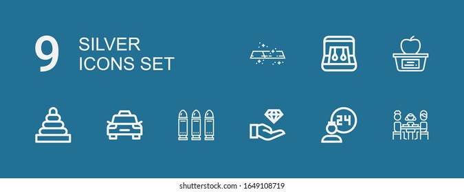 Editable 9 silver icons for web and mobile. Set of silver included icons line Lunch, Room service, Jewelry, Bullets, Taxi, Rings, Earrings, white on blue background