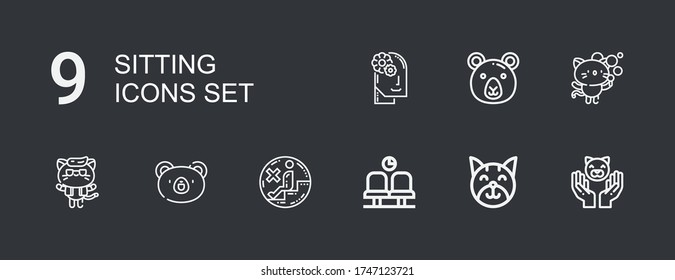 Editable 9 sitting icons for web and mobile. Set of sitting included icons line Cat, Waiting room, No sitting, Bear, Kitty, Relax on dark background