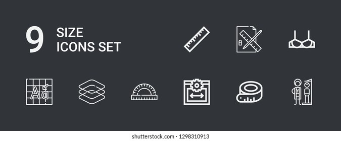 Editable 9 size icons for web and mobile. Set of size included icons line Height, Measuring tape, Web size, Ruler, Dimensions, Font, Brassiere, Edit tools on dark background