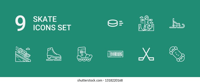 Editable 9 skate icons for web and mobile. Set of skate included icons line Skateboard, Ice hockey, Derbi, Roller skate, Ice Luge, Puck on green background