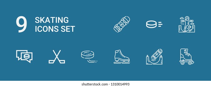 Editable 9 skating icons for web and mobile. Set of skating included icons line Roller skate, Skateboard, Ice skate, Puck, Ice hockey on blue background