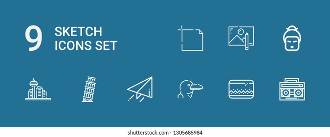 Editable 9 sketch icons for web and mobile. Set of sketch included icons line Radio cassette, Pencil case, Albatross, Send, Pisa, Architecture, Geisha, Drawing on blue background