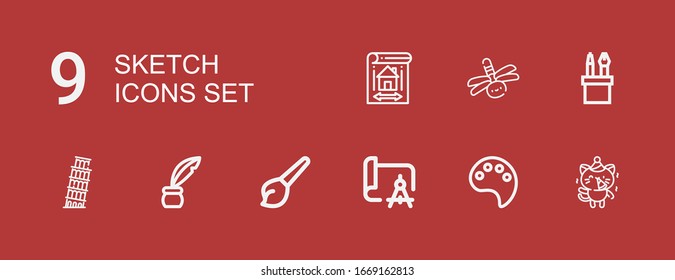 Editable 9 sketch icons for web and mobile. Set of sketch included icons line Kitty, Paint palette, Drawing, Art, Inkwell, Pisa, Pencil case, Dragonfly, Blueprint on red background