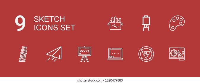 Editable 9 sketch icons for web and mobile. Set of sketch included icons line Blueprint, Color palette, Chalkboard, Send, Pisa, Canvas, Chalk on red background