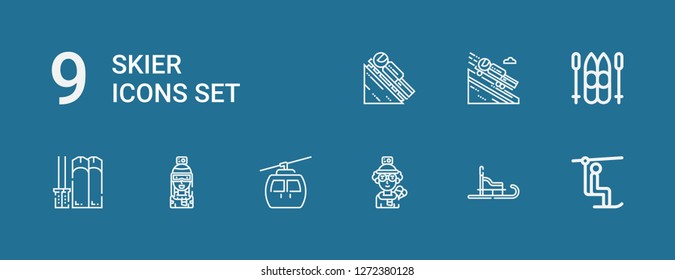 Editable 9 skier icons for web and mobile. Set of skier included icons line Chairlift, Luge, Skier, Cableway, Ski on blue background