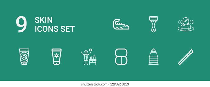 Editable 9 skin icons for web and mobile. Set of skin included icons line Makeup, Sauna, Spa, Sun lotion, Sun cream, Razor, Crocodile on green background