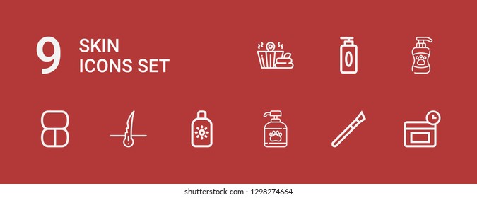 Editable 9 skin icons for web and mobile. Set of skin included icons line Anti age, Makeup, Shampoo, Sun cream, Hair, Gel, Sauna on red background