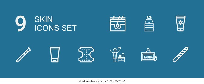 Editable 9 iconos de piel para web y móvil. Juego de piel incluida línea de iconos Nail file, Sauna, Spa, Cuero, Gel, Makeup, Sun lotion, Piel sobre fondo azul