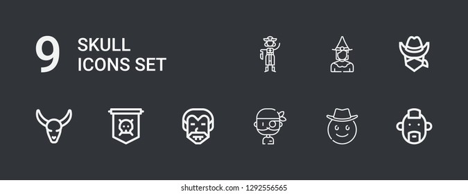 Editable 9 skull icons for web and mobile. Set of skull included icons line Punk, Cowboy, Pirate, Dracula, Jolly roger, Bull skull, Witch on dark background